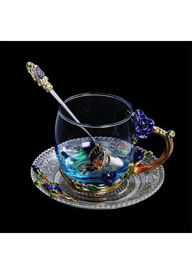 Mavi Gül Emaye Kristal Kupası Çiçek Çay Cam Yüksek Dereceli Cam Su Kupası Çiçek Kupa İle Handgrip Ile Mükemmel Hediye Düğün Kupalar Mavi Ahşap