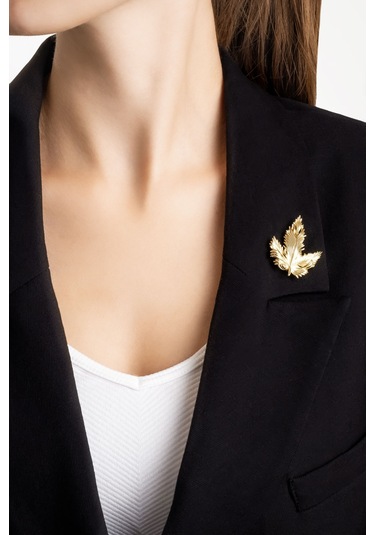 Vintage Yaprak 18 Ayar Sarı Altın Kaplama Gümüş Broş Sarı Altın Kaplama