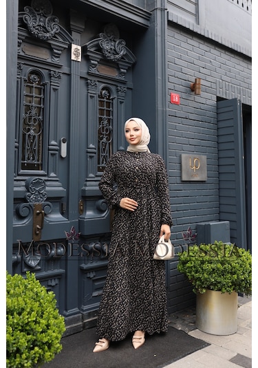 Kadın Siyah %100 Viskon Pamuklu Belden Bağlamalı Çiçek Desen Kat Kat Elbise V9539 Siyah