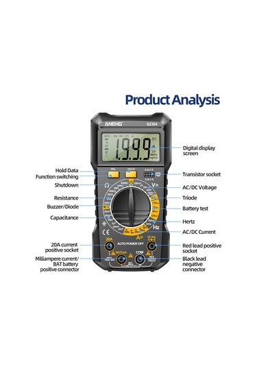 Aneng Sz304 Yüksek Hassasiyetli Dijital Ekran Ölçer Standlı Profesyonel Taşınabilir Multimetre - Siyah