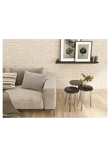 Zigon Sehpa 3'lü Yuvarlak Siyah Tel Ayaklı Siyah Mermer