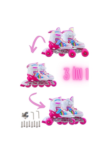 Unicorn Işıklı Pembe Paten Gökkuşağı Çocuk Pateni Silikon Teker Pembe