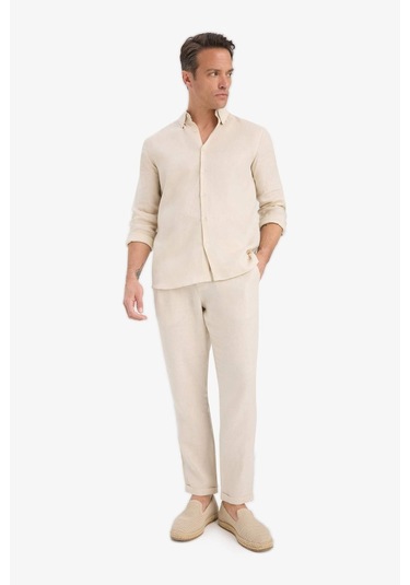Defacto %100 Keten Normal Kesim Crop Duble Paça Yazlık Kumaş Pantolon C1826ax25smbg106 Bej
