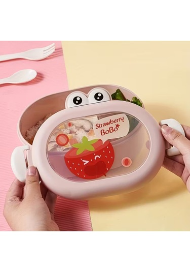 Karikatür Öğle Yemeği Kutusu, Okulda Gençler Ve Çocuklar İçin Taşınabilir 2 Bölmeli Saklama Kabı Pembe