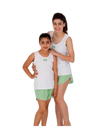 The Don Aile Beyaz-Yeşil Kareli Kız Çocuk Şort Takımı (9-14 Yaş)