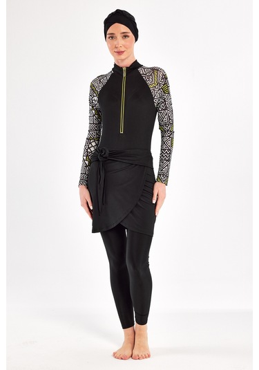 3 Farklı Şekilde Giyilebilir Likralı Etekli Tesettür Mayo 1112 Siyah03 Siyah03
