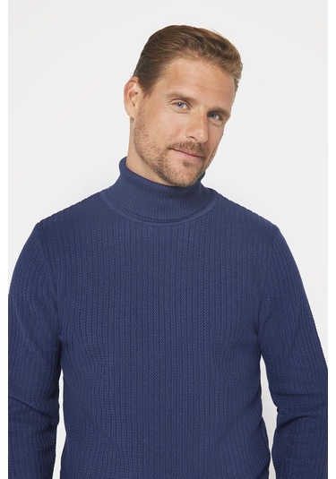 Slim Fit Tam Boğazlı Tüylenme Yapmayan Erkek Lacivert Kazak-29513 Lacivert