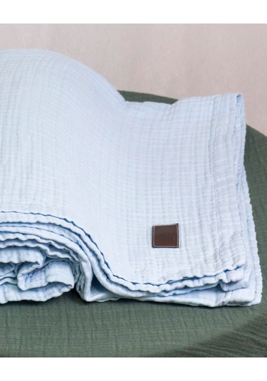 4 Katlı Müslin Yatak Örtüsü - Battaniye Pike %100 Organik Pamuk Dört Mevsim Yumuşak Gots Sertifikalı Açik Mavi