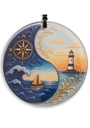 30 Cm Çap - Deniz Feneri, Pusula, Tekne Füzyon Cam Duvar Süsü