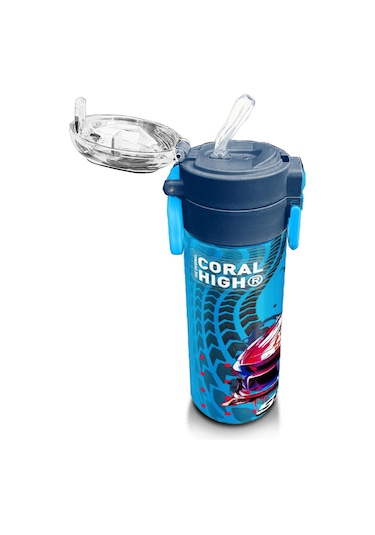 Coral High Kids Gri Mavi Yarış Arabası Desenli Pipetli Ve Direkt İçim Çelik Termos 500 Ml 31815 Gri - Mavi