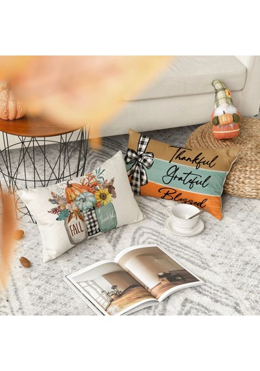 Skycity Sonbahar Kabak Akçaağaç Yapraklı Desenli聚酯 Pillowcase 2 Adet - Teşekkür Günü Dekorasyonu Koltuk Araba Yastığı Mavi