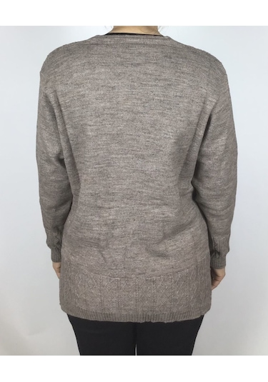 Önü Düğmeli Cepli Yünlü Kısa Anne Hırka Vizon