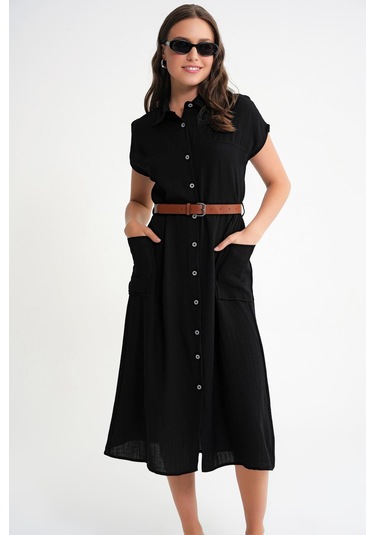 4453 Kadın Keten Cepli Midi Kemerli Elbise Siyah Siyah