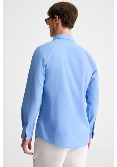 RISTO Erkek Düğmeli Yıkama Sonrası Ütü İhtiyacını En Aza İndiren Kumaş Gömlek Yaka Manşetli Koyu Mav