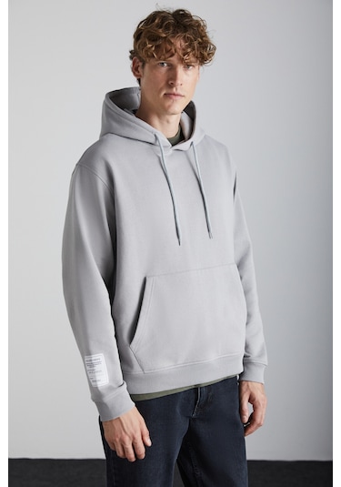 Ashbourne Erkek Oversize Kanguru Cepli Kol Etiket Detaylı Organik Pamuk Gri Eşofman Takımı