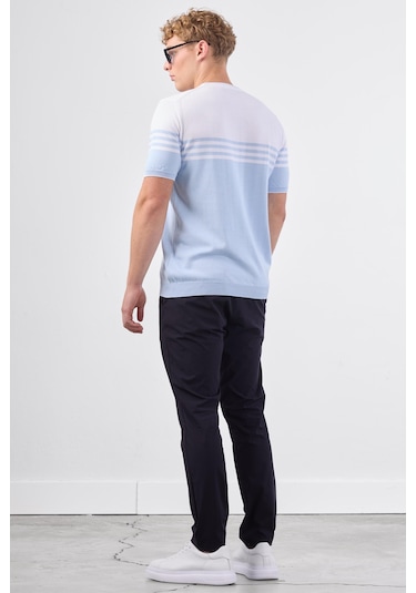 Dufy A.mavi Çizgili Yatay Desen Erkek Triko - Slim Fit Mavi