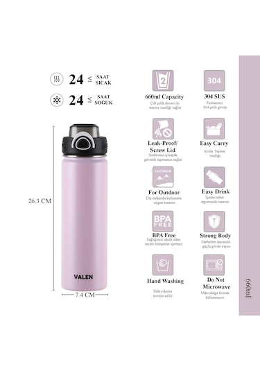 Çift Duvarlı Vakumlu Sport Termos 660ml / Pembe