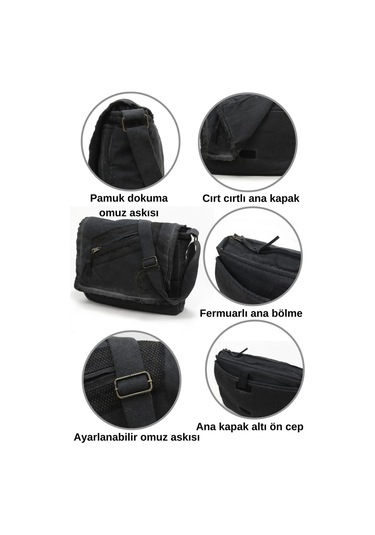 Vintage Küçük Salaş Unisex Günlük Çapraz Postacı Çantası S Boy 26x20cm Siyah