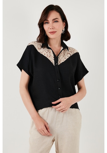 Lela Dantelli Relaxed Fit Kısa Kollu Bayan Gömlek 5865764 Siyah