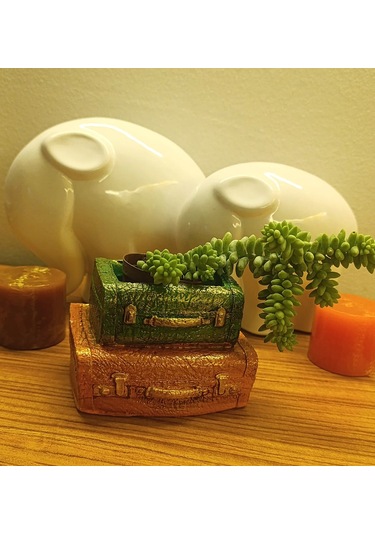 Artepieza Vintage Çift Bavul Saksı- Masaüstü Düzenleyici- Dekoratif Bavul Kalemlik Kahve-yeşil 12 8 1