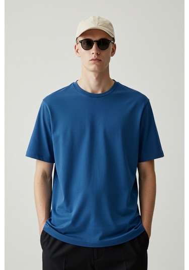 Erkek Oversize Basic Tişört Unisex %100 Pamuk Rahat Kalıp Erkek Tam Oversize Tişört Indigo