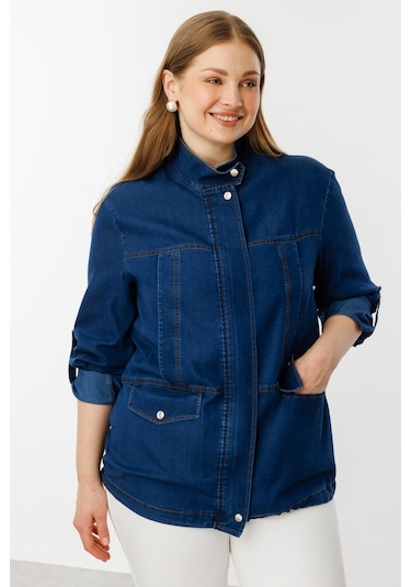 Ekol Kadın Büyük Beden Fermuarlı Kapak Cepli Mont 6302 Indigo İndigo