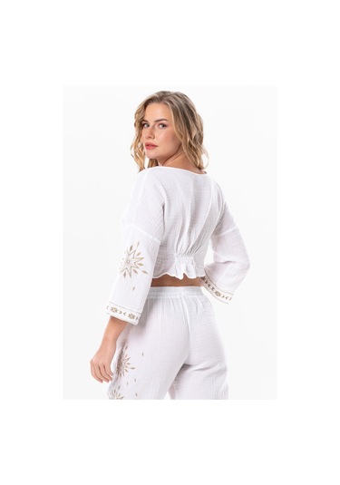 Uzun Kol Günışığı Büzgü Detaylı Yazlık Müslin Bluz Beyaz Byz-beyaz Beyaz