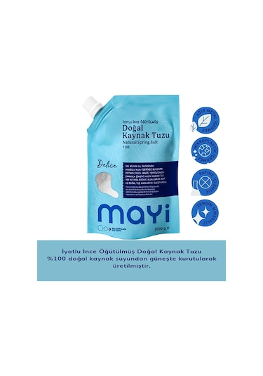 Mayi Tuz İyot İlaveli İnce Öğütülmüş Doğal Kaynak Tuzu 2 x 2 KG + Sprey Sıvı Tuz 150 ML