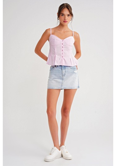 4737 Kadın Düğmeli Kuplu Pileli Bluz Pembe Pembe