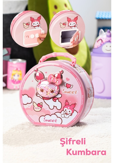 Porsima 040 Metal Şifreli Kilitli Yuvarlak Kumbara Pembe 15x15cm