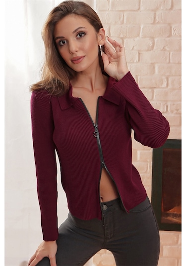Aqe Fashion Çift Açılır Fermuarlı Polo Yaka Hırka Bordo