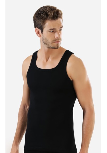 Erkek Siyah Ribana Atlet 3'lü Paket %100 Pamuklu Siyah