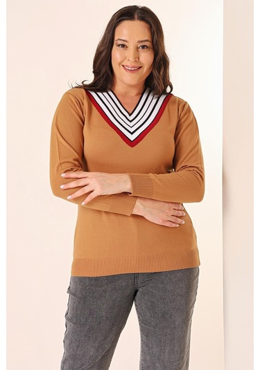 Şeritli V Yaka Büyük Beden Triko Kazak-35336-vizon Vizon