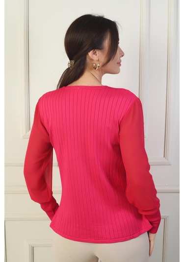 By Saygı Kadın Kolları Şifon V Yaka Kazak-39605 Fuşya