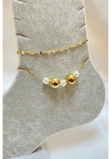 Altın Renk İnci Küre Model Singapur Ve Sf Zincir Çelik Halhal - 3292 Çok Renkli