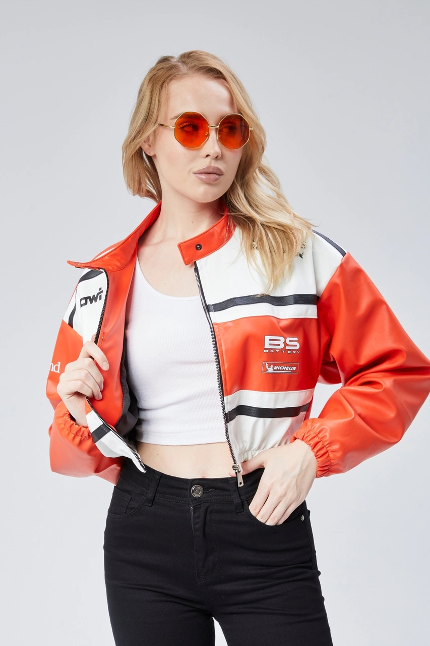 Kadın Deri Baskılı Şeritli Ceket Beli Ve Kolu Lastikli Kolej Hakim Yaka Bomber Yarışçı Motorcu Mont Oranj Kadın Deri Baskılı Şeritli Ceket Beli Ve Kolu Lastikli Kolej Hakim Yaka Bomber Yarışçı Motorcu Mont Oranj