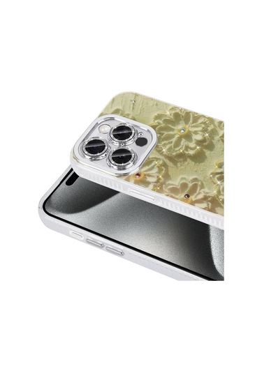 Tuva Teknoloji İphone Uyumlu 15 Pro Max Kılıf Çiçek Desenli Parlak Taşlı Sert Silikon Garden Kapak Mavi