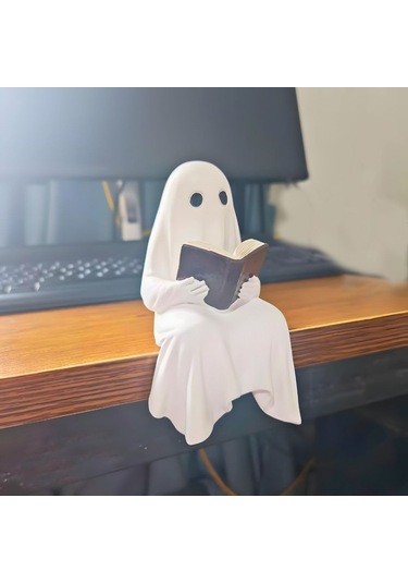 Reedark Küçük Fantastik Ghost Kitap Okuyan Figür - Resin Mdf Dekoratif Ev Aksesuarı - Halloween Dekorasyonu 15.5cm