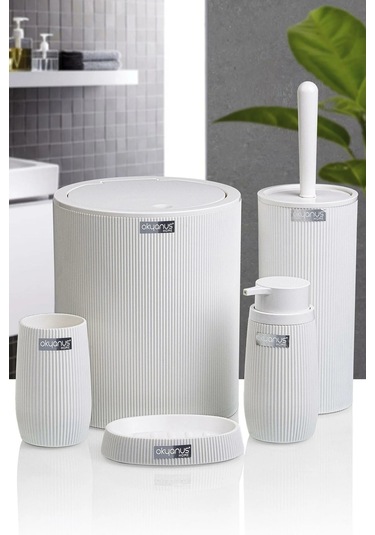 Çizgili 5 Parça Banyo Seti Çöp Kovası Tuvalet Fırçası Diş Fırçalık Sıvı Sabunluk Katı Sabunluk - Beyaz