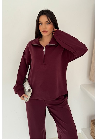 Balenbi Premium Modal Kumaş Fermuarlı Yaka Kadın Takım 1153 Bordo
