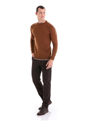 Hatemoğlu Kahverengi Regular Fit Jakarlı Bisiklet Yaka Yünlü Triko Kazak Kahverengi
