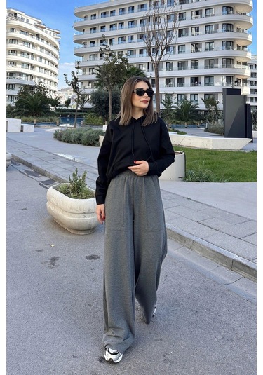 Kadın Antrasit Beli Lastikli, Cepli, Bol Paça, Salaş Pantolon Antrasit