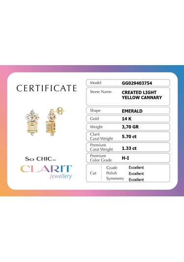 Created Light Yellow Canary Taşlı Zümrüt Kesim 14 Ayar Sarı Altın Küpe