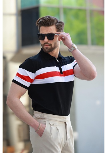 Madmext Siyah Fermuarlı Polo Yaka Çizgili Erkek Tişört E7406 Siyah