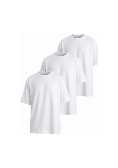 Monox Oversize Unisex 3'lü T-shirt Pamuk Rahat Kesim Beyaz