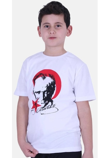 Atatürk Baskılı İmzalı Beyaz Kırmızı Unisex Çocuk T-shırt-beyaz Kırmızı Beyaz - Kırmızı