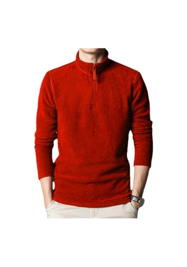Erkekler Sonbahar Kış Kazak Fermuar Stand Yaka Uzun Kollu Kalın Polar Polar Düz Renk Uzun Kollu Boyun Koruma Orta Uzunlukta Yumuşak Rahat Kırmızı