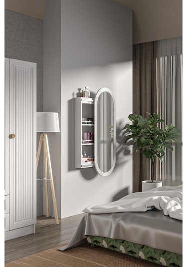 Çok Amaçlı Aynalı Takı Dolabı Mdf Kapak - Beyaz - Oval Çerçeve