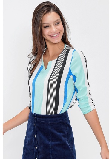 Kadın Mint Yakası Yırtmaçlı Krep Bluz Truvakar Kol Çizgili Ve Giy Çık - Tesettüre Uygun Siyah - Mavi