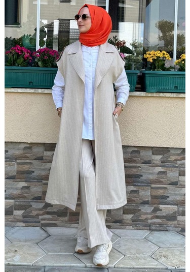 Apoletli Çizgili Takım Bej Çok Renkli